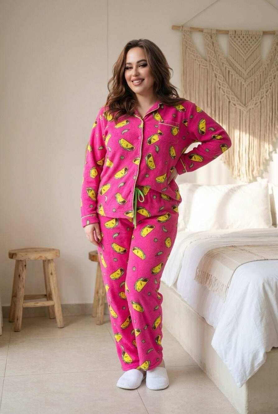 Angelina Women's Cozy Fleece Taco Print Pajama Set, Size 2XL